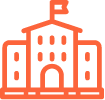 Simple line icon of a school building with a flag on top, representing educational institutions and campus identity in design.