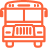 Simple line icon of a school bus shown from the front, representing safe student transportation and school travel services.