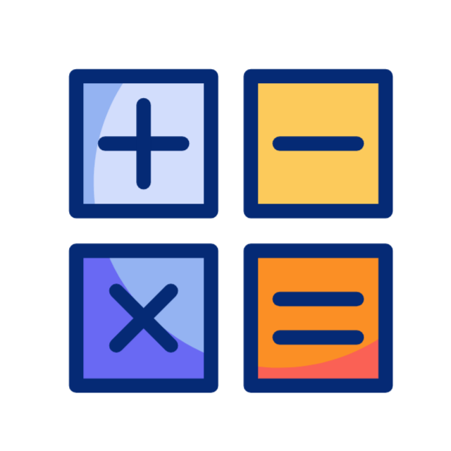 Colorful square icons showing plus, minus, multiply and equals mathematical symbols, representing interactive math learning and numerical skills.