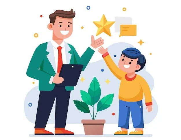 Illustration of teacher holding clipboard and student receiving star reward near a plant, representing recognition and encouragement in learning.