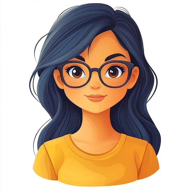 Illustration of a smiling woman with glasses and long hair representing a teacher avatar for educational and school design purposes.